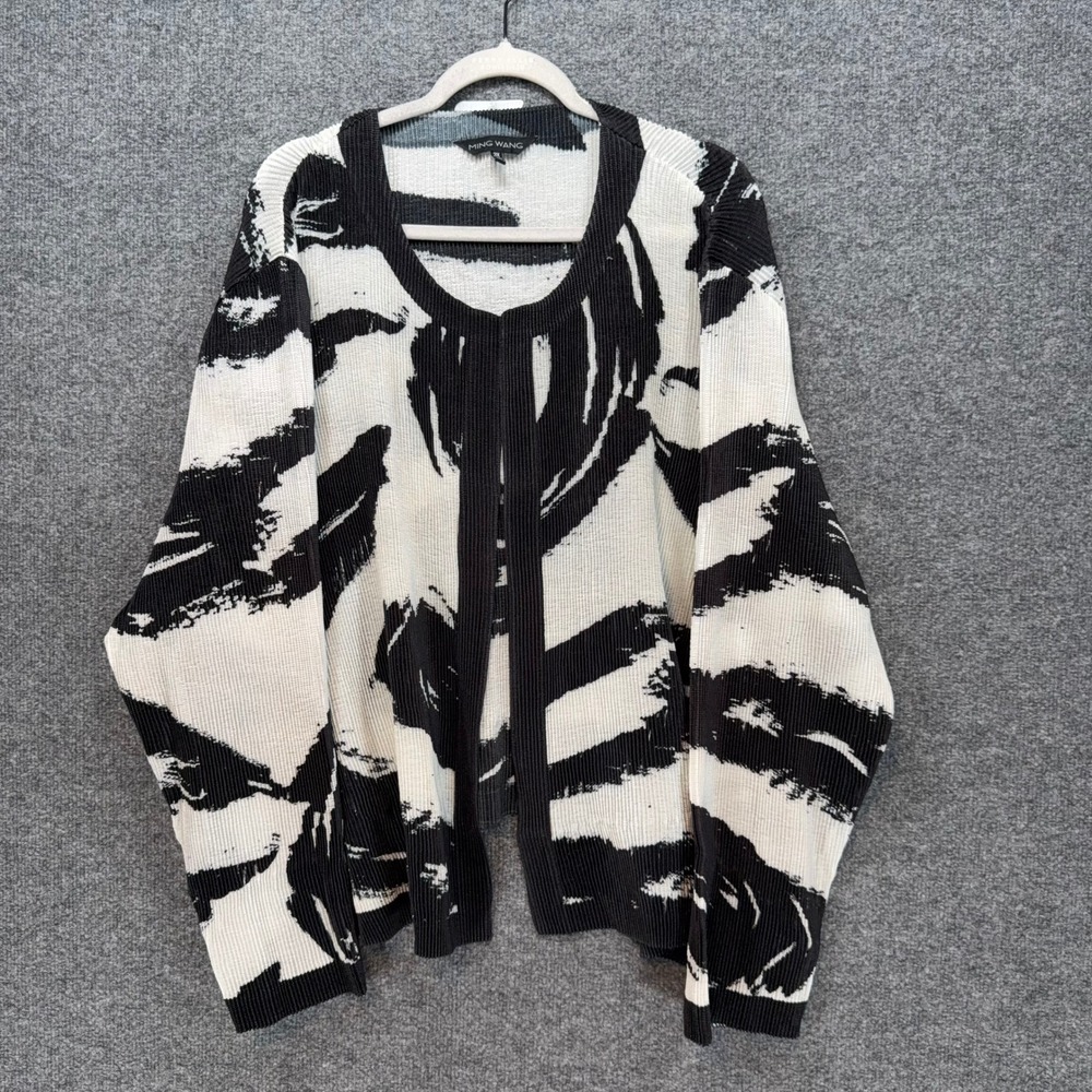 Ming Wang Cardigan Women 3X Black White Abstract Pleated Knit Open Front Plus Sz